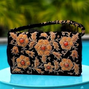 Vintage India Black Velvet Gold Embroidered Natural Gemstone Jeweled Evening Bag